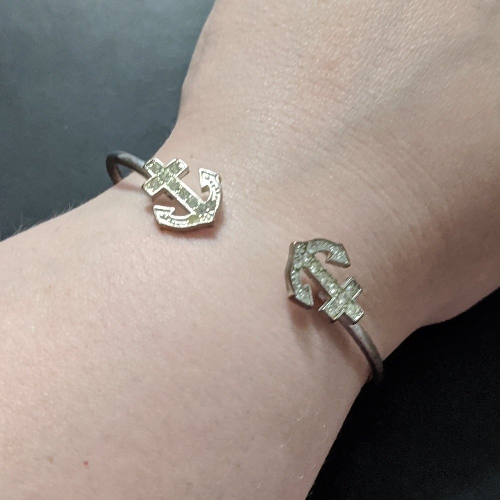 Silver Tone Rhinestone Anchor Hinged Spring Cuff Statement Bracelet